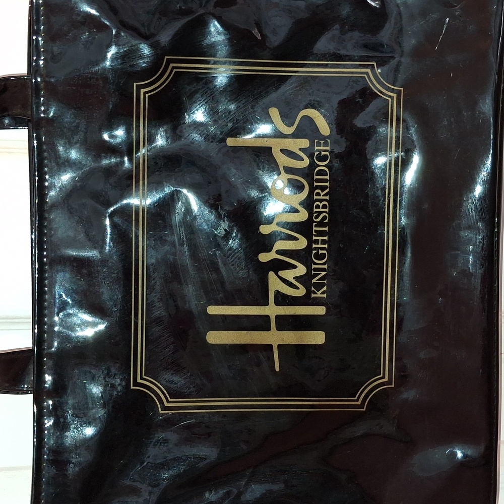 Harrods Glossy Black Tote with Gold Logo